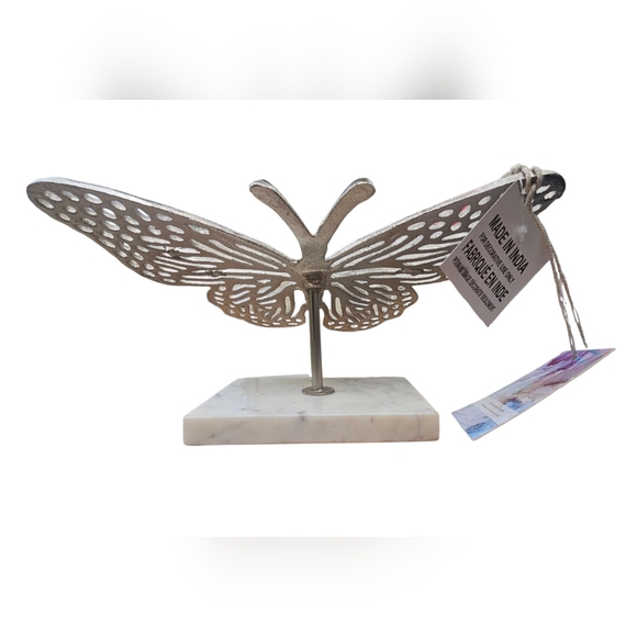 Beautiful Butterfly Decor Silver Metal Sculpture on Marble Stand 7"x11"x5"Tall - Picture 3 of 12